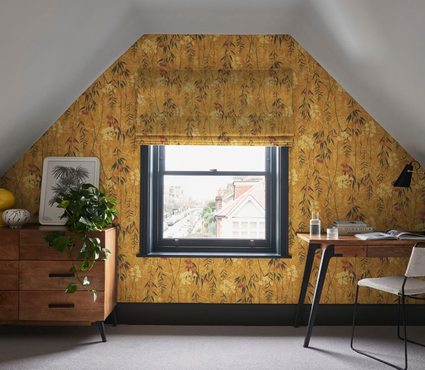 Mustard non-woven wallpaper with flowers, 120610, Retreat, Graham&Brown Premium