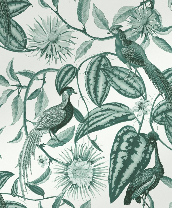 Grey-green wallpaper with flowers and birds, 120650, Retreat, Graham&Brown Premium