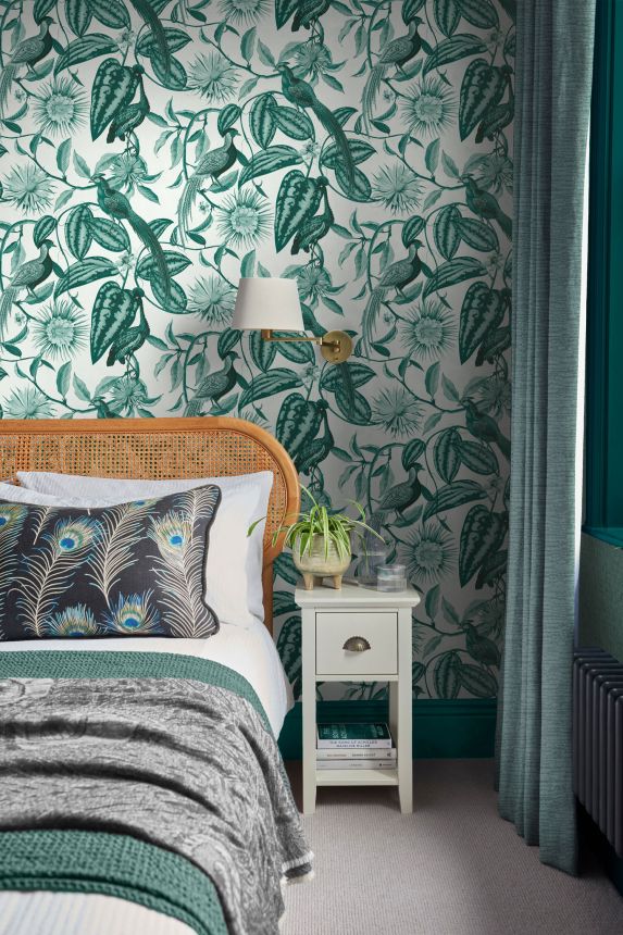 Grey-green wallpaper with flowers and birds, 120650, Retreat, Graham&Brown Premium