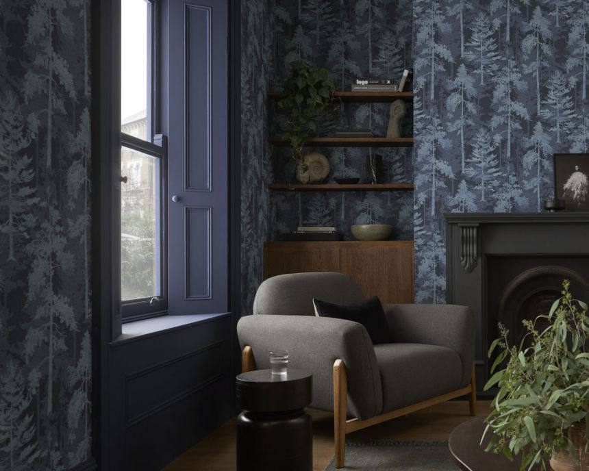 Blue non-woven wallpaper, forest, trees, 121426, New Eden, Graham&Brown Premium
