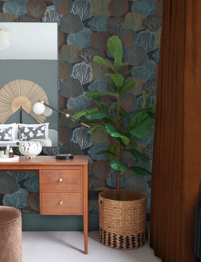 Blue non-woven wallpaper, trees, 121446, New Eden, Graham&Brown Premium