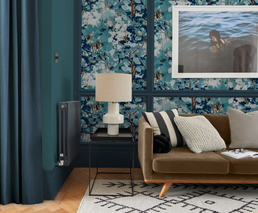 Blue non-woven wallpaper, forest, trees, 121453, New Eden, Graham&Brown Premium