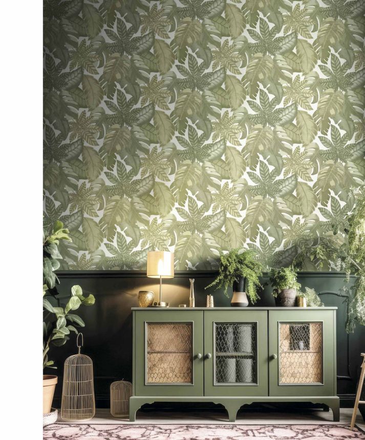 Beige-green wallpaper, tropical green leaves, 26415, Thai, Cristiana Masi by Parato