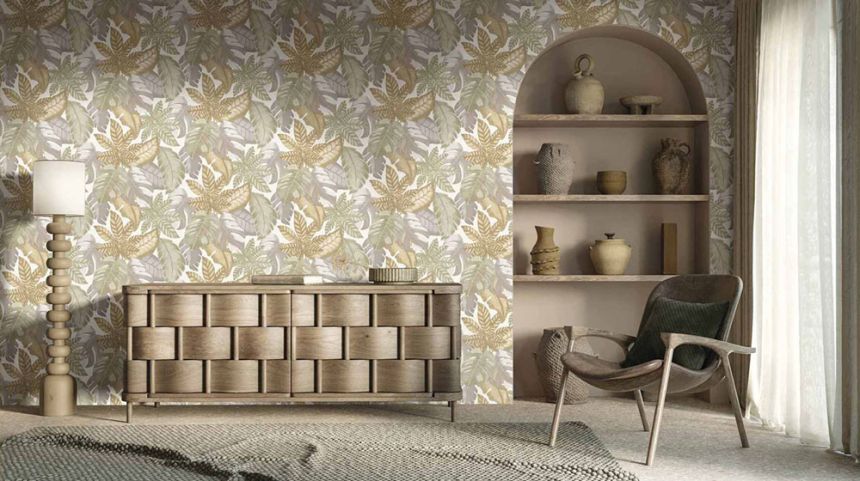 Beige-gray wallpaper, tropical leaves, 26416, Thai, Cristiana Masi by Parato