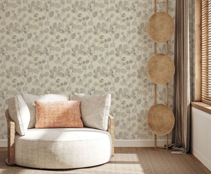 Cream-blue wallpaper with twigs and leaves, Z77509, Savana, Zambaiti Parati