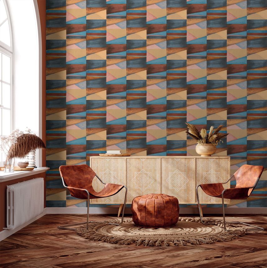 Geometric wallpaper, blue, brown, SO27030, Soleado, Decoprint