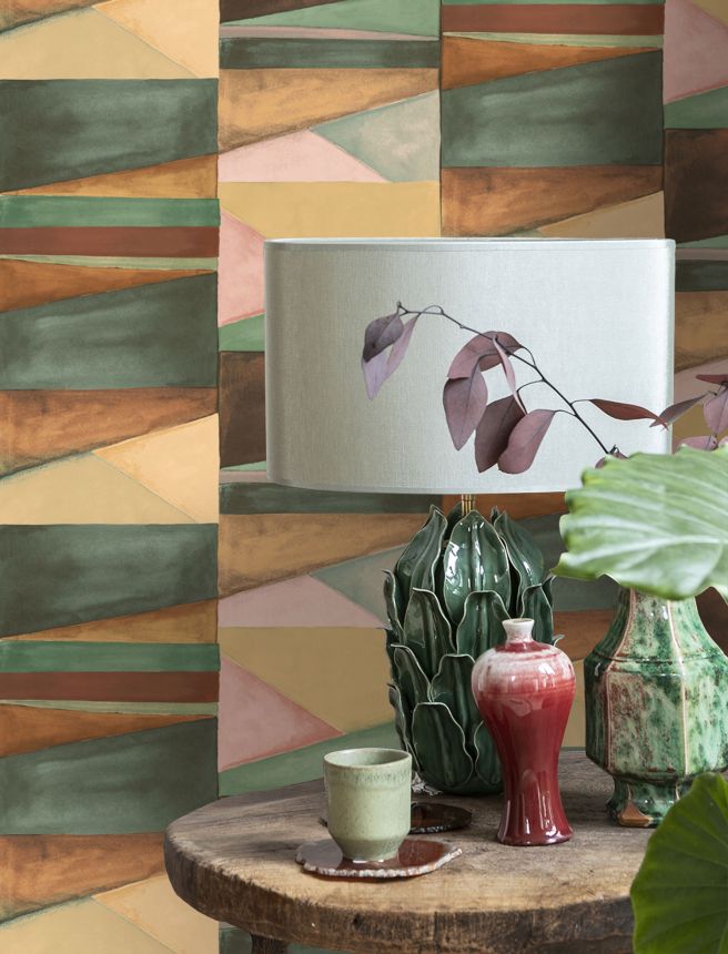 Geometric wallpaper, green, brown, SO27035, Soleado, Decoprint