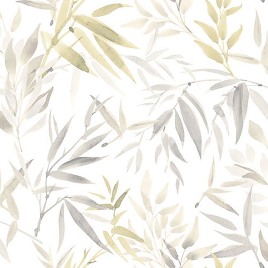 White non-woven wallpaper with bamboo leaves, RE25190, Reflect, Decoprint