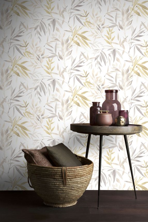 White non-woven wallpaper with bamboo leaves, RE25190, Reflect, Decoprint