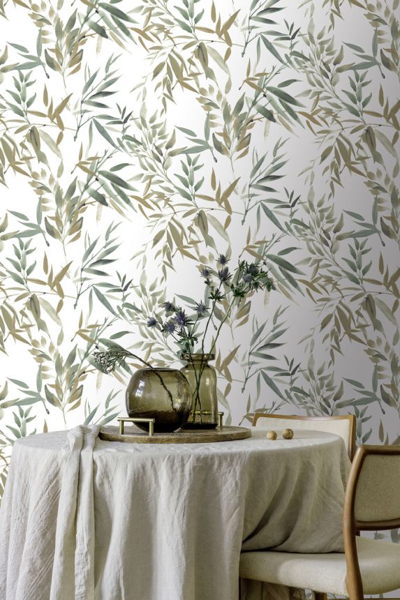 White non-woven wallpaper with bamboo leaves, RE25191, Reflect, Decoprint