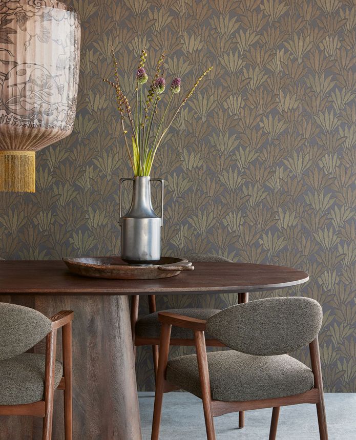 Blue non-woven wallpaper with leaves, 340153, Gilded, Eijffinger