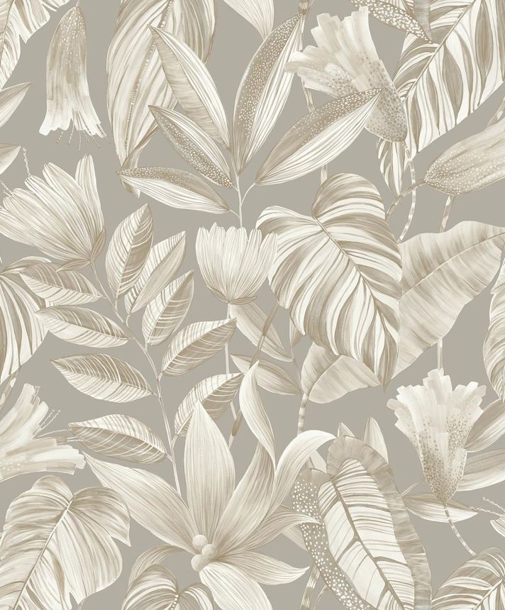 Gray wallpaper with flowers and leaves, BZ3103, Belize, Grandeco