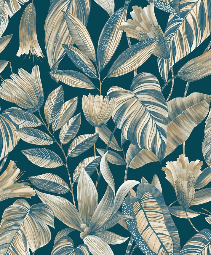 Blue wallpaper with flowers and leaves, BZ3104, Belize, Grandeco