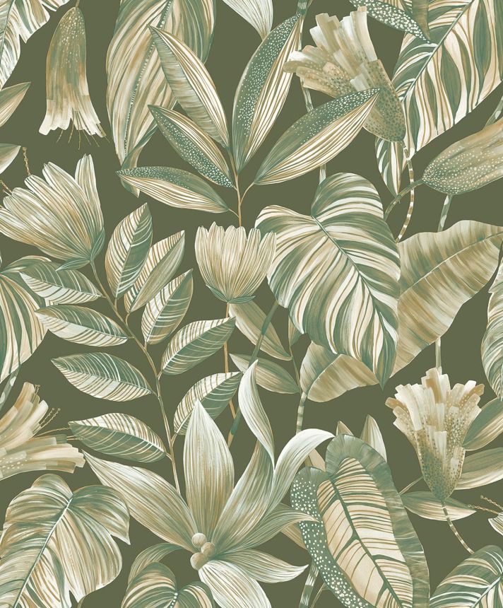 Green wallpaper with flowers and leaves, BZ3106, Belize, Grandeco