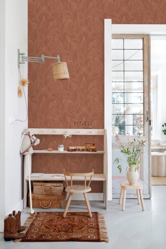 Non-woven wallpaper, palm leaves, brown, 139370, Bloom, Esta Home