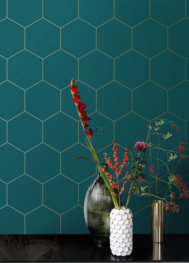 Geometric non-woven wallpaper, turquoise-gold, 139455, Bloom, Esta Home