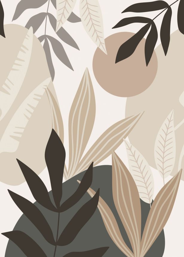 Non-woven wallpaper with leaves,  beige, 159251, Bloom, Esta Home