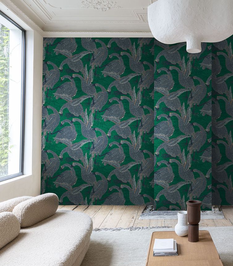 Non-woven wallpaper, birds, green, TER101, Terra, Masureel