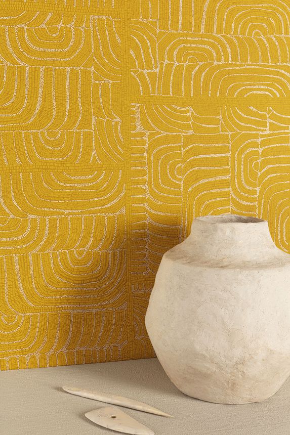 Geometric non-woven wallpaper, ethno pattern, yellow, TER503, Terra, Masureel