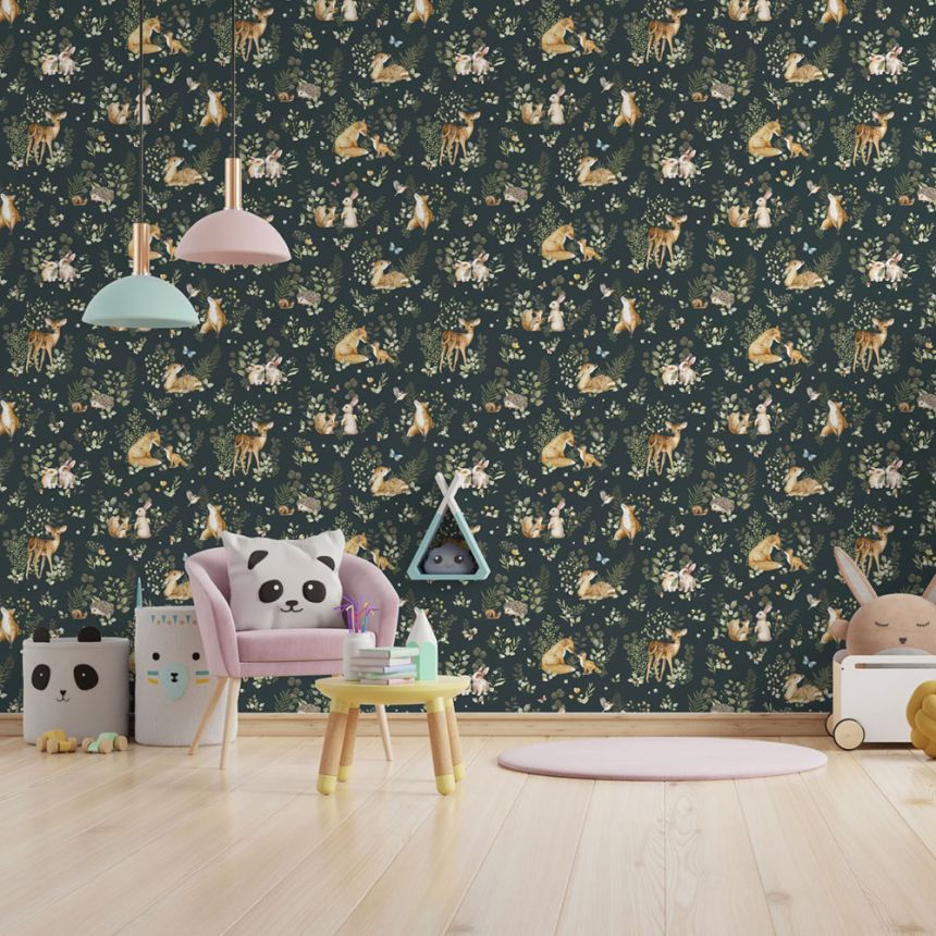 Green children's wallpaper with animals, 972-3, Mika,  ICH Wallcoverings