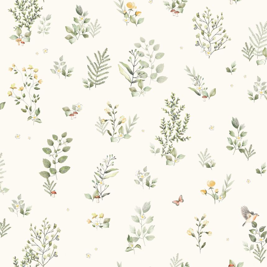 Non-woven wallpaper with plants and birds, 973-1, Mika,  ICH Wallcoverings