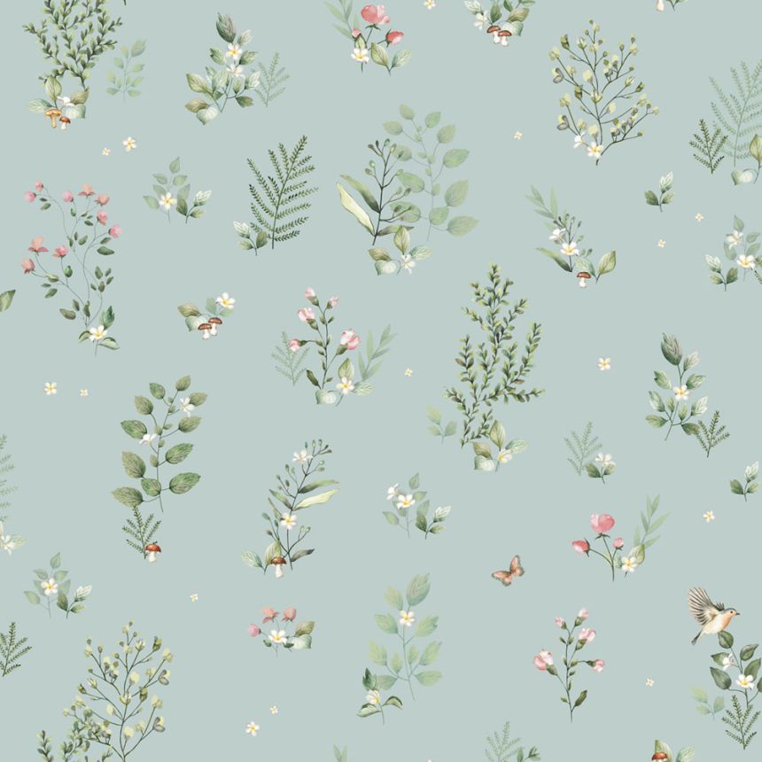 Turquoise wallpaper with plants and birds, 973-2, Mika,  ICH Wallcoverings