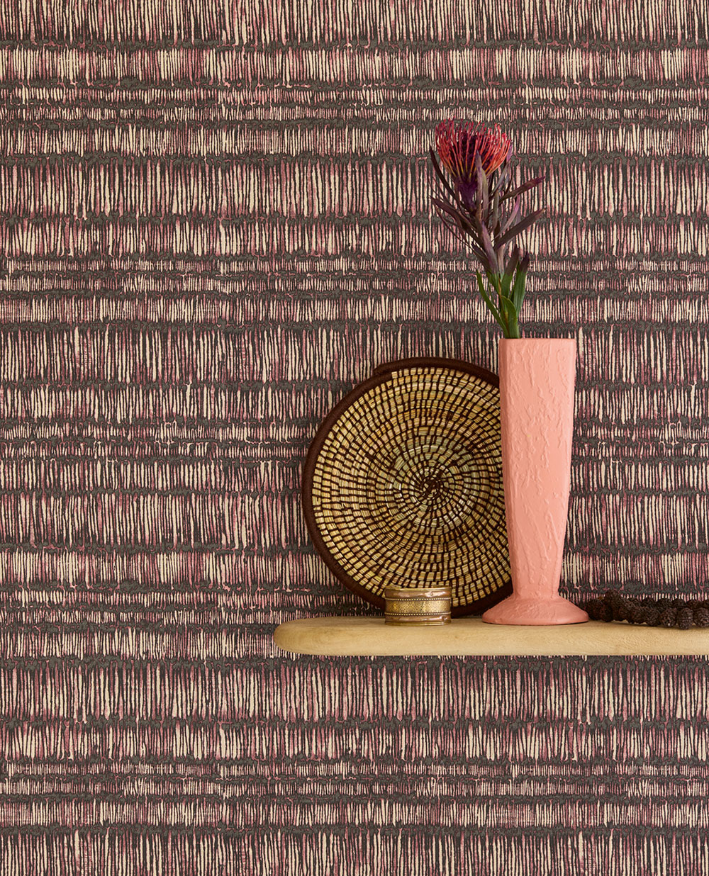 Non-woven wallpaper, burgundy, batik, stripes, 340263, Solange, Eijffinger