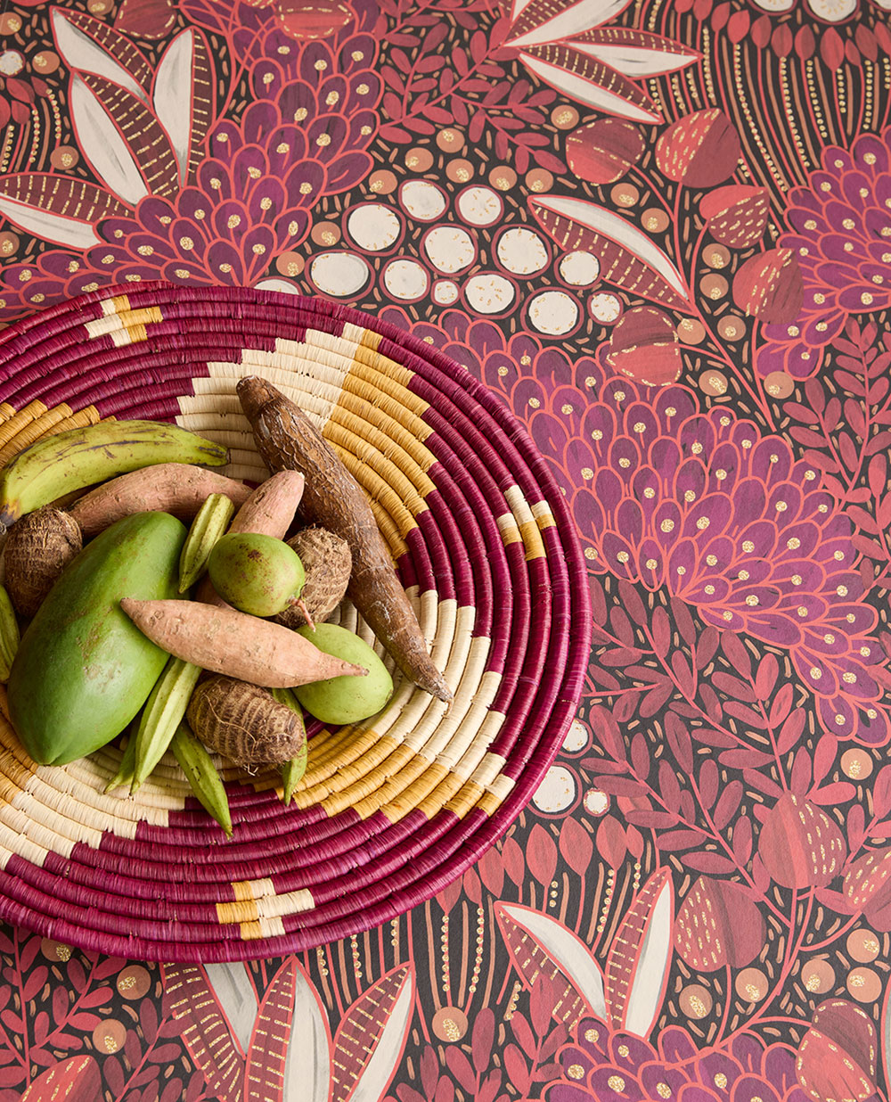 Non-woven wall mural, burgundy, leaves, 340286, Solange, Eijffinger