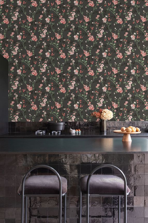 Black wallpaper with floral pattern, A70001, Vavex 2026