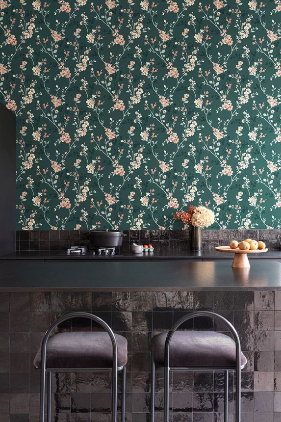 Green wallpaper with floral pattern, A70002, Vavex 2026
