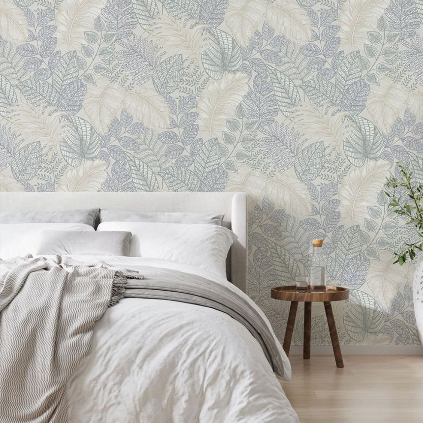 Blue-green non-woven wallpaper, leaves, 122421, Vavex 2026