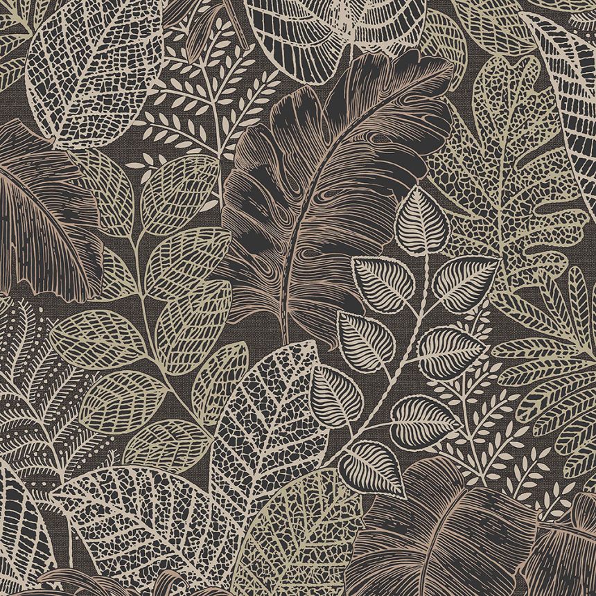 Black non-woven wallpaper, leaves, 122425, Vavex 2026