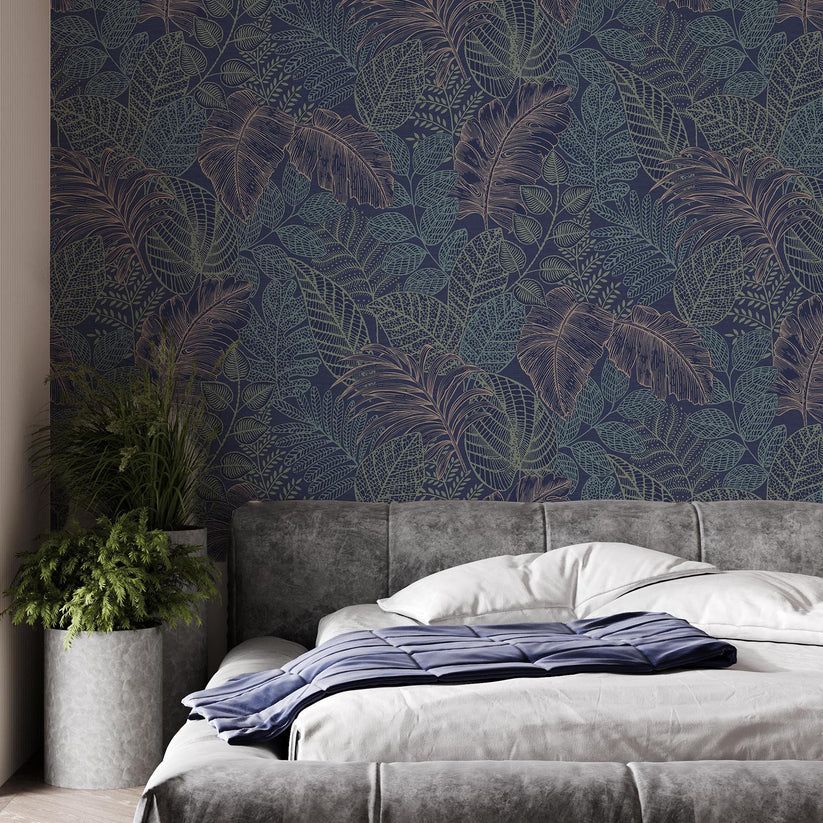 Blue non-woven wallpaper, leaves, 122422, Solace, Superfresco Easy