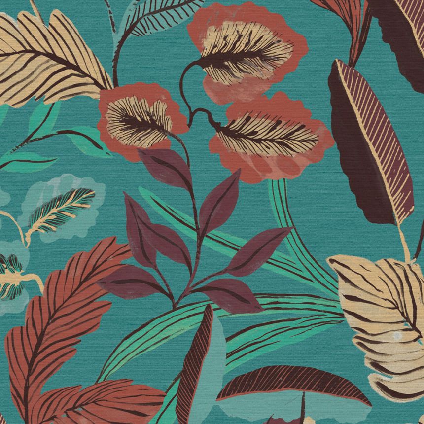 Turquoise non-woven wallpaper, leaves, 121156, Solace, Superfresco Easy