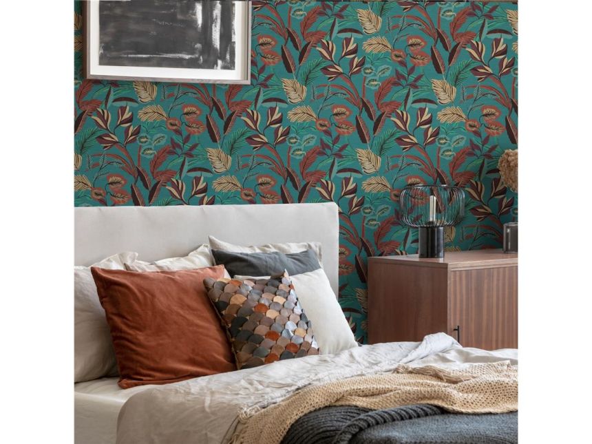 Turquoise non-woven wallpaper, leaves, 121156, Solace, Superfresco Easy