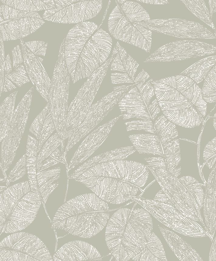 Gray non-woven wallpaper with leaves, A69501, Omura, Grandeco