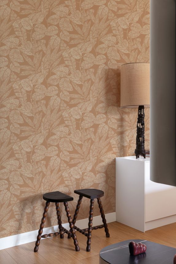 Gray non-woven wallpaper with leaves, A69501, Omura, Grandeco