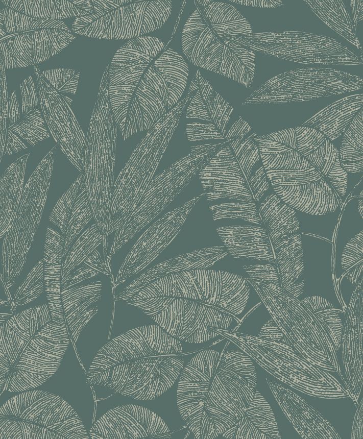 Green non-woven wallpaper with leaves, A69503, Omura, Grandeco