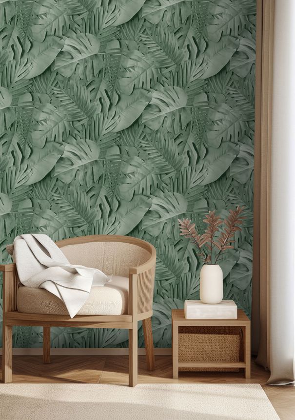 3D non-woven wallpaper, green, leaves, M80004, Artifice, Ugépa