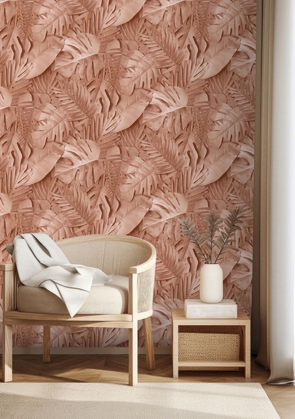 3D non-woven wallpaper, pink, leaves, M80005, Artifice, Ugépa