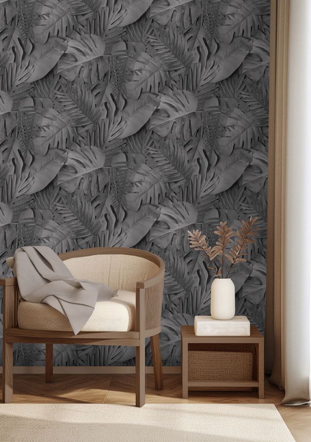 3D non-woven wallpaper, black, leaves, M80009, Artifice, Ugépa