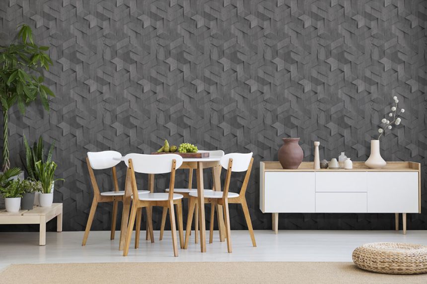 Non-woven wallpaper, black, 3D wood paneling imitation, M74409, Brut, Ugépa