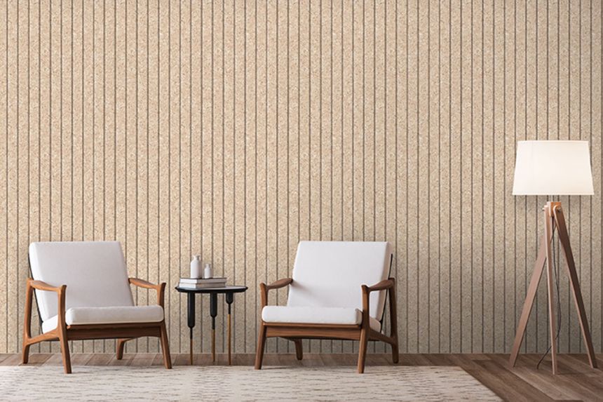 Non-woven wallpaper, beige, cork imitation, stripes, M75307, Brut, Ugépa