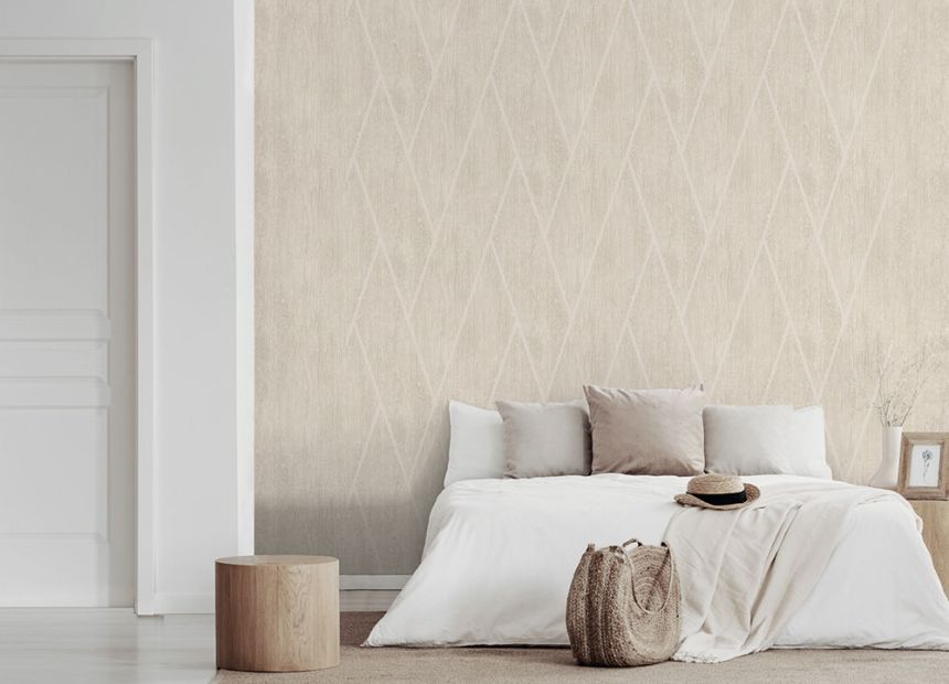 Geometric non-woven wallpaper, cream, wood, M75707, Brut, Ugépa