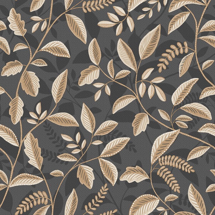 Non-woven wallpaper, black-brown, leaves, M66009, Nomade, Ugépa