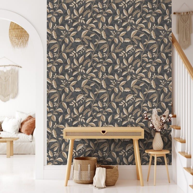 Non-woven wallpaper, black-brown, leaves, M66009, Nomade, Ugépa