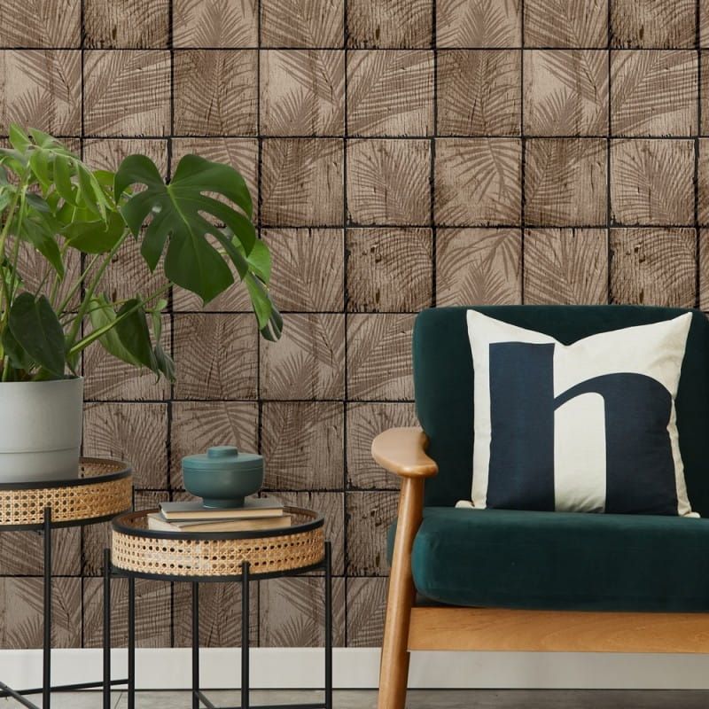 Non-woven wallpaper, brown, paneling, leaves, M68908, Nomade, Ugépa