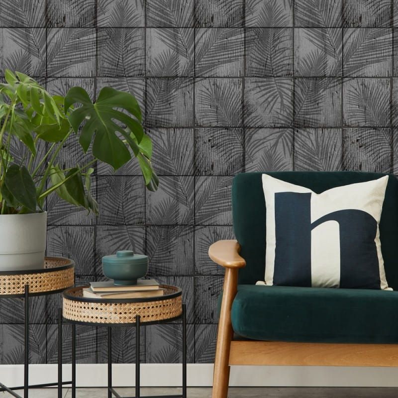 Non-woven wallpaper, grey-black, paneling, leaves, M68909, Nomade, Ugépa