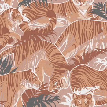 Non-woven wallpaper, brown-orange, tigers, leaves, M69505, Nomade, Ugépa