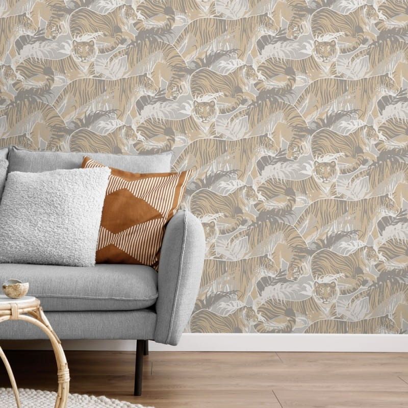 Non-woven wallpaper, grey-beige, tigers, leaves, M69507, Nomade, Ugépa